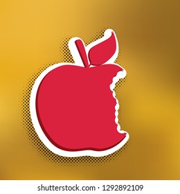 Bited apple sign. Vector. Magenta icon with darker shadow, white sticker and black popart shadow on golden background.