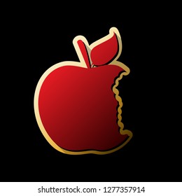 Bited apple sign. Vector. Red icon with small black and limitless shadows at golden sticker on black background.