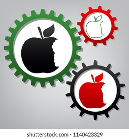 Bited apple sign. Vector. Three connected gears with icons at grayish background.
