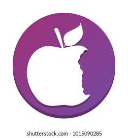 Bited apple sign. Vector. White icon with flat shadow on purpureus circle at white background. Isolated.