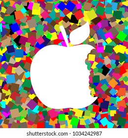 Bited apple sign. Vector. White icon on colorful background with seamless pattern from squares.