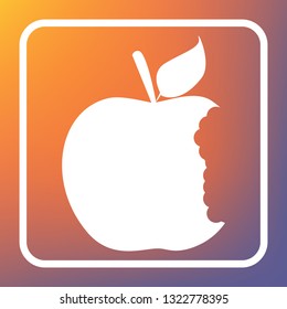 Bited apple sign. Vector. White icon on transparent button at orange-violet gradient background.