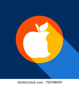 Bited apple sign. Vector. White icon on tangelo circle with infinite shadow of light at cool black background. Selective yellow and bright navy blue are produced.