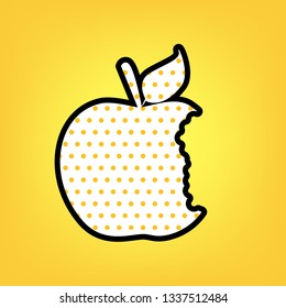 Bited apple sign. Vector. Yellow polka dot white icon with black contour at warm yellow background.