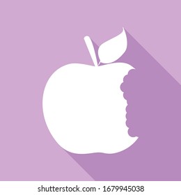 Bited apple sign. White Icon with long shadow at purple background. Illustration.