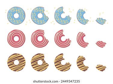 Rosca mordida. Masa dulce redonda de dibujos animados horneada con crema y glaseado, masa frita plana con caramelo de chocolate y espolvoreados. conjunto aislado de Vector