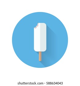 Biten ice cream on stick. Eskimo in white chocolate. Vector in flat design. Refreshing cold dessert. Summer sweets. Illustration for food concepts, diet infographic, icons or web design.