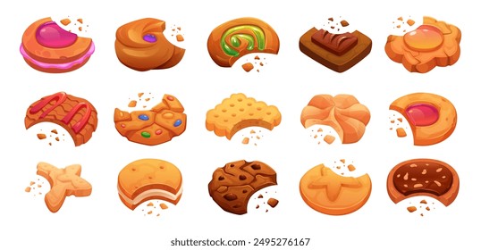 Bites cookies. Snack dessert with crumbs exact vector cookies in cartoon style