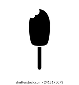 Biteten ice cream on a stick icon. A bitten popsicle. Black silhouette. Vertical front side view. Vector simple flat graphic illustration. Isolated object on a white background. Isolate.