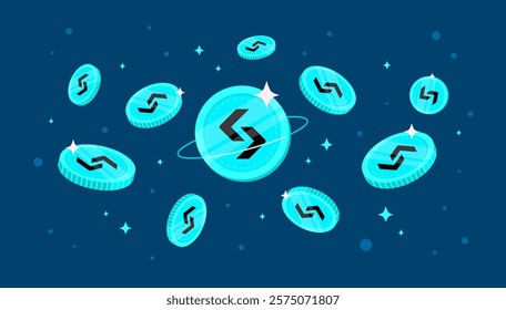 Bitget Token (BGB) coins falling from the sky. BGB cryptocurrency concept banner background.