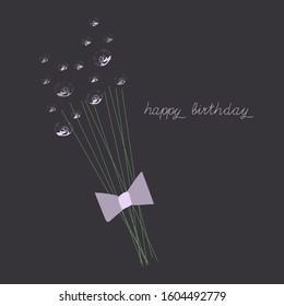 Bithday card with lavender bouquet and bow. Flowers with texture. Inspiration handdrawn lettering. Handwritten vector greeting text . 