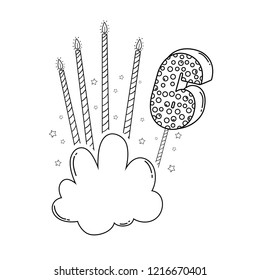Bithday number six with cloud and candles in black and white