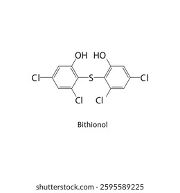 Bithionol skeletal structure. Antimicrobial compound schematic illustration. Simple diagram, chemical formula.