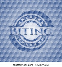 Biting blue hexagon badge.