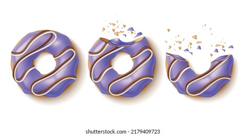 Biting Donut. Eating Process Sweet Pastries, Realistic Sweet Bakery Product, Blueberry Purple Glaze, Chocolate And Vanilla Topping, Crumbs And Pieces, 3d Elements, Utter Vector Isolated Set