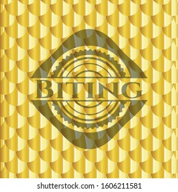 Biting golden emblem. Scales pattern. Vector Illustration. Detailed.
