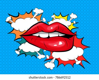 Biting her red lips, Pop art colorful background