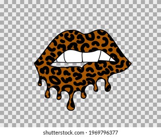 Biting lips with leopard print with dripping paint isolated on a transparent background for poster and banner. Vector illustration