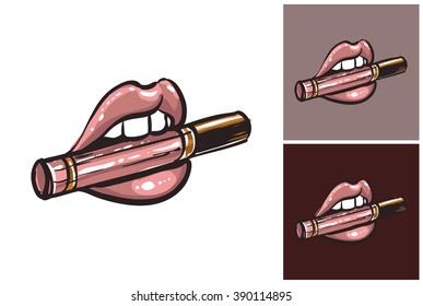 Biting lipstick vector fashion image. Label with glamour biting lipstick. Vogue beautiful biting lipstick. Isolated element on white, gray and dark background.