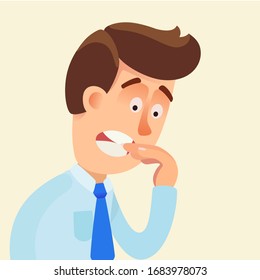 Biting nails. A young man bites his fingernails, he is nervous and worried, stressed. Man neurotic with bad habit. Vector illustration, flat design, cartoon style, isolated background.