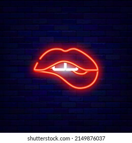 Biting red lips neon icon. Cosmetics shop. Intimate store. Beauty salon emblem. Pop art style. Shiny effect banner. Pictogram on brick wall. Luminous label. Editable stroke. Vector stock illustration