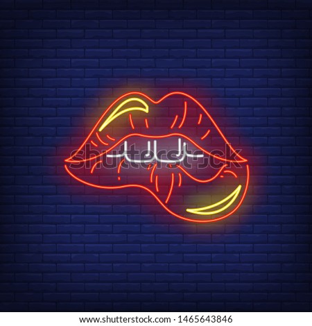 Biting red lips neon sign. Female mouth, teeth, lipstick. Gestures concept. Vector illustration in neon style, glowing element for banners, posters, flyers