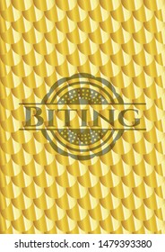 Biting shiny golden badge. Scales pattern. Vector Illustration. Detailed.