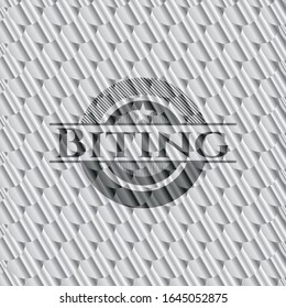 Biting silver color badge or emblem. Scales pattern. Vector Illustration. Detailed.