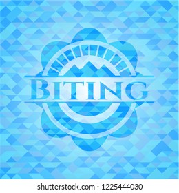Biting sky blue emblem with triangle mosaic background