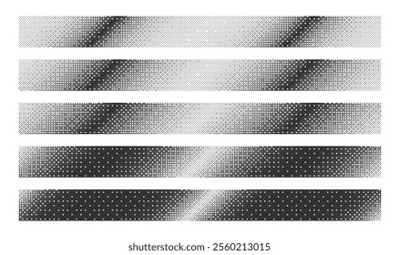 Bitmap Dither Linear Diagonal Gradients with Various Density Isolated on White. Retro Style 8 Bit Pixel Art Banners Set Clip Art Bundle. Vintage Technology 8Bit Black Noise Design Elements Collection