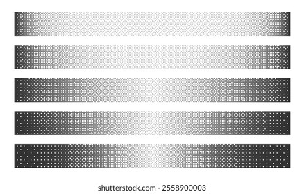 Bitmap Dither Linear Gradients with Various Density Isolated on White Background. Black Noise Retro Style 8Bit Pixel Art Banners Set Clipart Bundle. Vintage Technology 8 Bit Design Element Collection
