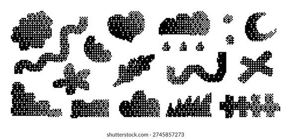 Bitmap dither pixel abstract shapes and objects.8-bit halftone gradation pixelated vector set shapes geometric computer game heart, flower, cloud, grass, irregular retro shapes, texture.Vector y2k art.
