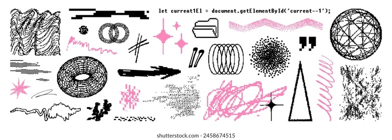 Forma abstracta geométrica de mapa de bits y activo de textura. Elementos de píxeles y2k, estructura metálica, garabato para un diseño de moda. elemento gráfico de Vector.