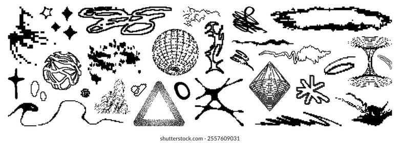 Bitmap geometric shapes graphic asset. Vector modern shapes in Y2k pixelated aesthetic. Isolated element for magazine layouts, leaflets, stickers or poster.