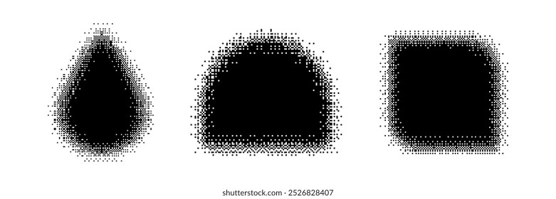 Bitmap geometric shapes set. Distorted pixel Y2k halftone elements.