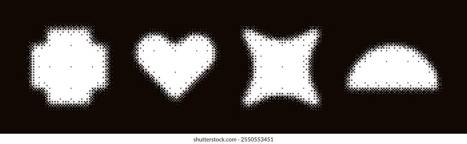 Conjunto de formas geométricas de bitmap. Coleção isolada de elementos brancos de meio-tom Y2k de pixel distorcidos
