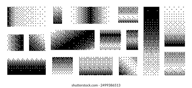 Bitmap gradient border set. Black dotted halftone collection. Pixelated rectangle and square decoration element for banner, poster, advertisement, card, cover. Vector geometric shapes