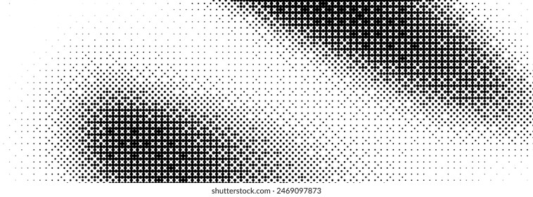 Bitmap grunge gradient texture. Black and white pixelated dither wave pattern. Abstract glitchy 8 bit game wallpaper. Retro wide rasterized backdrop. Pixel art illustration. Vector background