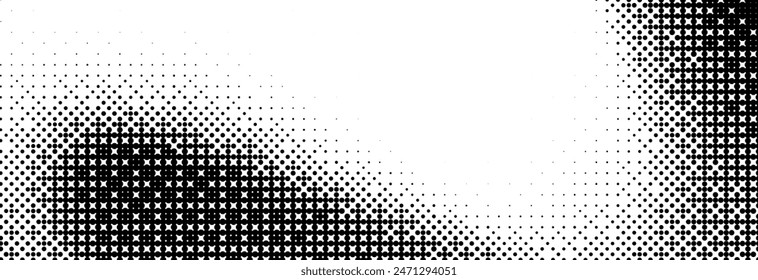 Bitmap grunge gradient texture. Black and white pixelated dither wave pattern. Abstract glitch 8-bit game wallpaper. Retro wide wavy rasterized backdrop. Pixel art background. Vector illustration