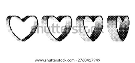 Bitmap halftone heart set. Pixelated heart-shaped design elements for banner, poster, leaflet, sticker, collage. Dither 3d rasterized outline hearts collection. Retro Y2K 8 bit effect bundle. Vector
