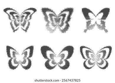 Bitmap pattern abstract butterfly shapes. Halftone gradient elements on white background. Y2k graphic abstract icons. Dither noisy grunge texture. Vector dither symbol