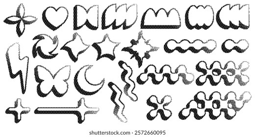 Bitmap pattern abstract shapes. Stars halftone gradient elements on dark background. Y2k graphic abstract icons. Dither noisy grunge texture. Vector illustration