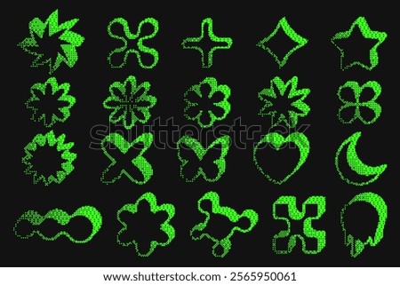 Bitmap pattern shapes. Heart star and flowers halftone gradient elements on dark background. Y2k graphic abstract icons. Dither noisy star with grunge texture.