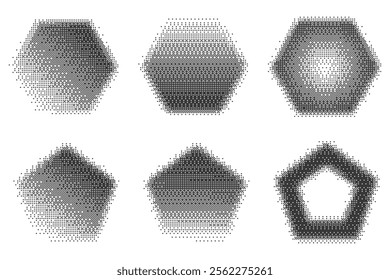 Bitmap pixel arcade game effect. Hexagon y2k halftone shape. Vector dither aesthetic gradient pentagon icons. 2000s design grainy illustration on white background.