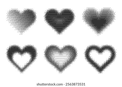 Bitmap pixel arcade game effect. Hearts y2k halftone pattern shape. Vector dither aesthetic gradient glow icons. 2000s design grainy illustration on white background.