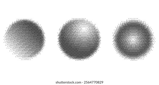 Bitmap pixel arcade game effect. Circles with bit pattern texture. Round y2k halftone elements on white background. Vector aesthetic globe set with dither gradient. 2000s noisy illustration