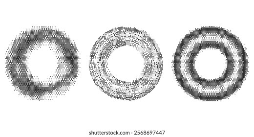 Bitmap pixel arcade game effect. Circles frames with bit pattern texture. Round y2k halftone elements on white background. Vector aesthetic set with dither gradient. 2000s noisy illustration