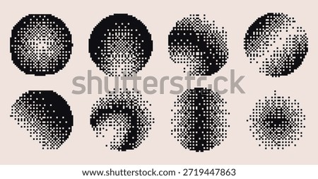 Bitmap pixel circle shapes with dot gradient pattern - round abstract art in black and white halftone texture. Vector set for retro digital graphics, mosaic transitions or geometric design elements