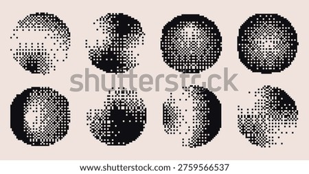Bitmap pixel circle shapes with dot gradient pattern - round abstract art in black and white halftone texture. Vector set for retro digital graphics, mosaic transitions or geometric design elements