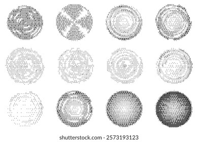 Bitmap pixel effect circles set. Circular Y2k rounds with textured halftone pattern. Vector graffiti dither gradient shapes on white background. Aesthetic monochrome gradation elements